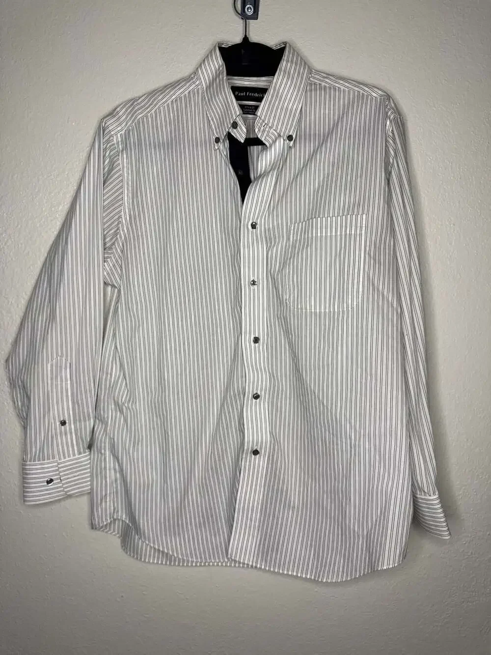 Paul Fredrick Men's Tailored Fit Striped Dress Shirt White Black Size